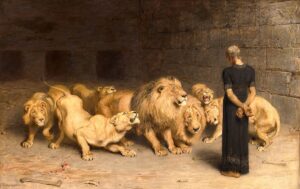 Briton Rivière’nin Daniel in the Lions’ Den tablosu, ışık ve gölge kullanımıyla dramatik bir anlatım sunuyor.